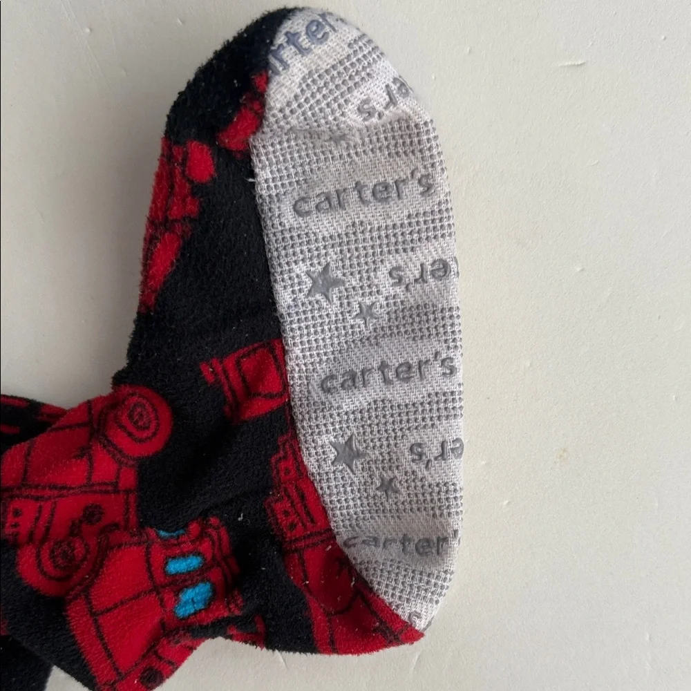 Carter’s Boys 4T Red and Black Fire Truck Fleece  Zip up Footed Pajamas